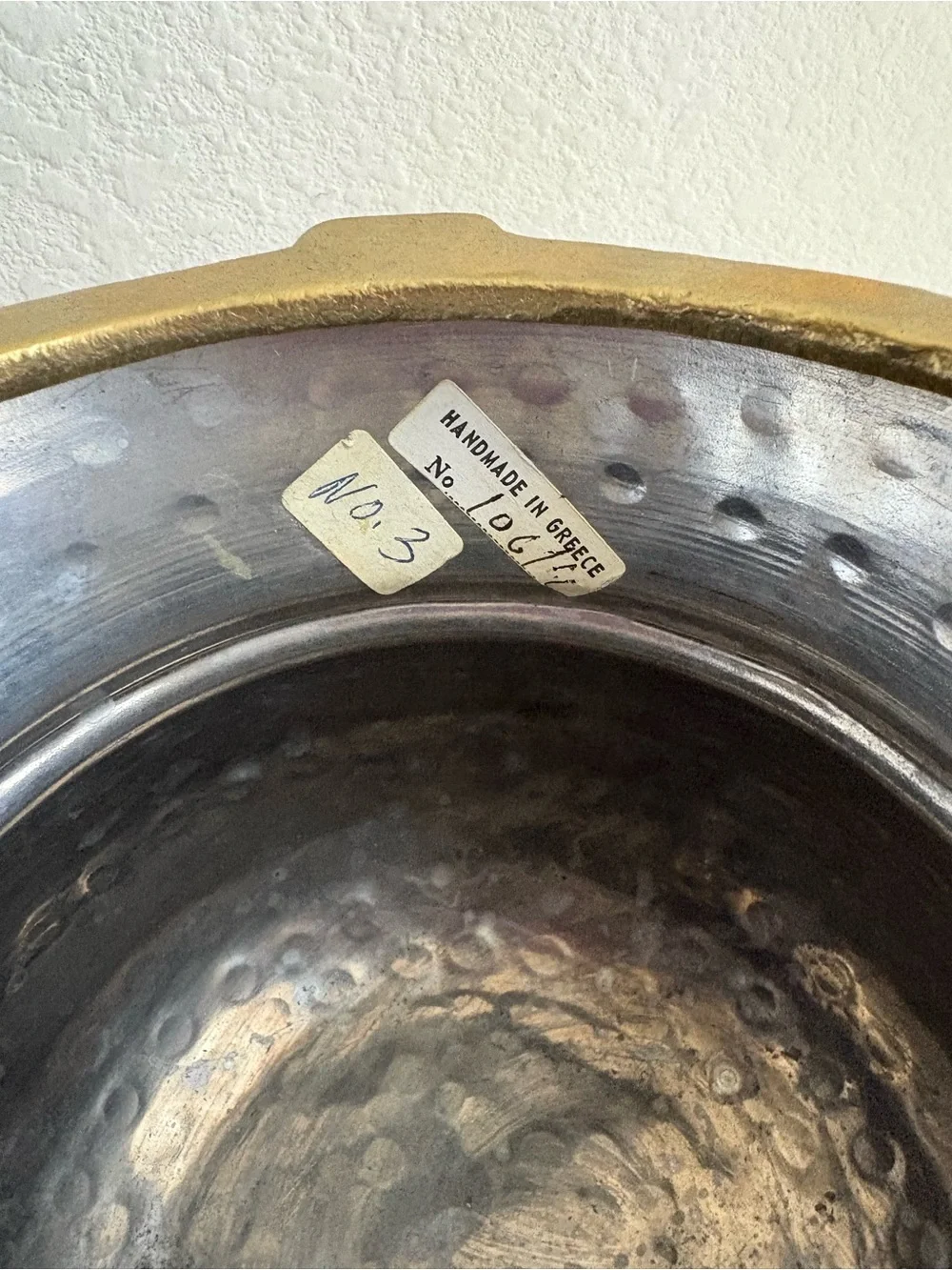 Vintage Greek Brass handmade Hammered cauldron Bucket Planter w Handle #3